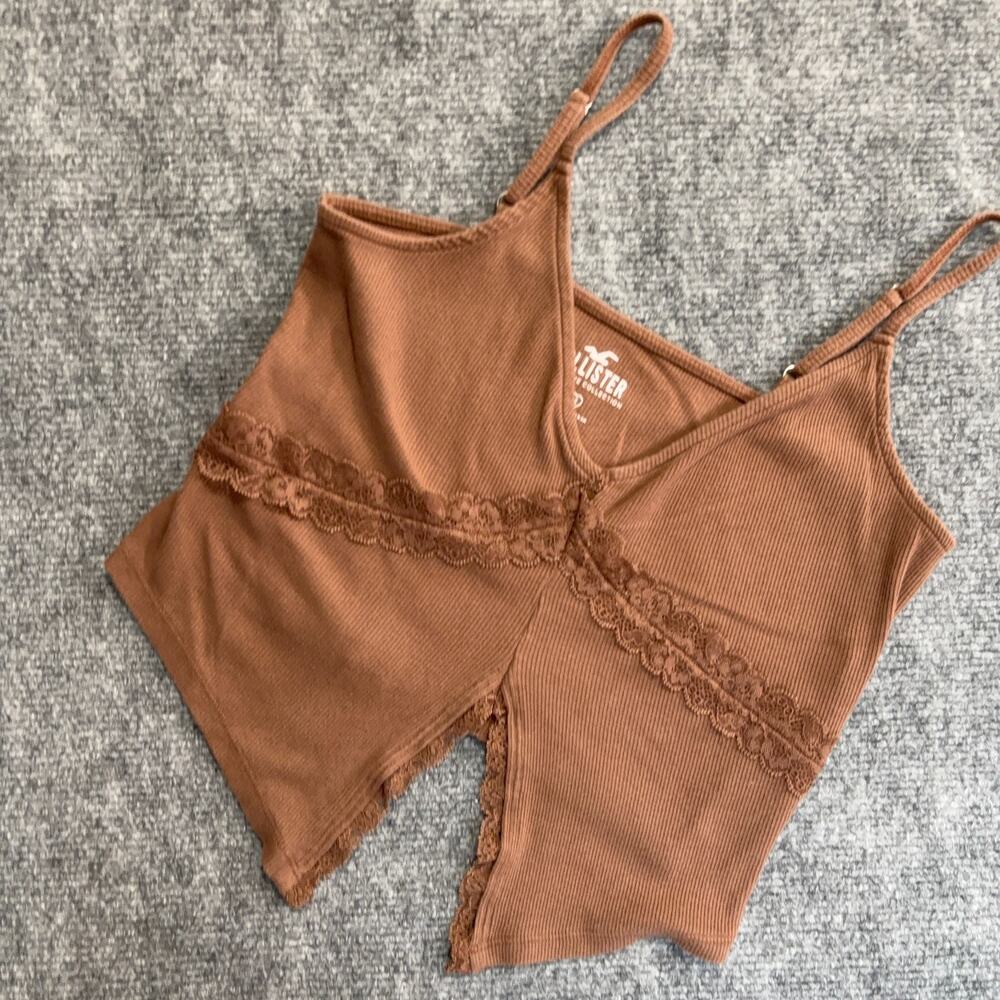 Hollister Brown Ribbed Lace Trim Cami Crop Top Women's M Adjustable Straps